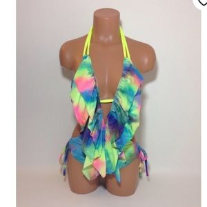 Onepiece monokini bathingsuit, ruffle neon tie dye
